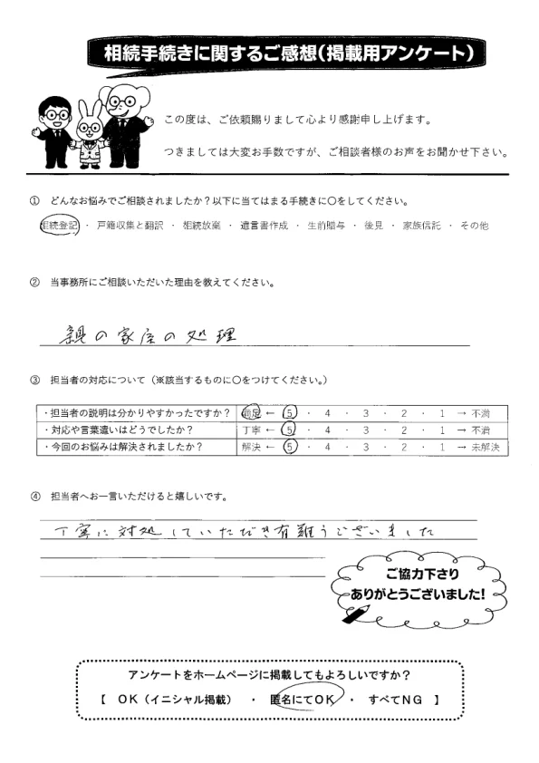 匿名様のアンケート用紙